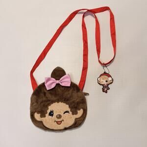Monchhichi Plush Crossbody Bag Purse Brown Pink Bow Red Strap Cute Anime